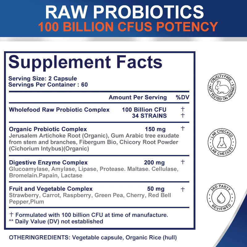 Probiotic Enzyme Capsules 100 Billion CFU Prebiotics & Digestive Enzymes for Intestinal Digestion and Immune Support