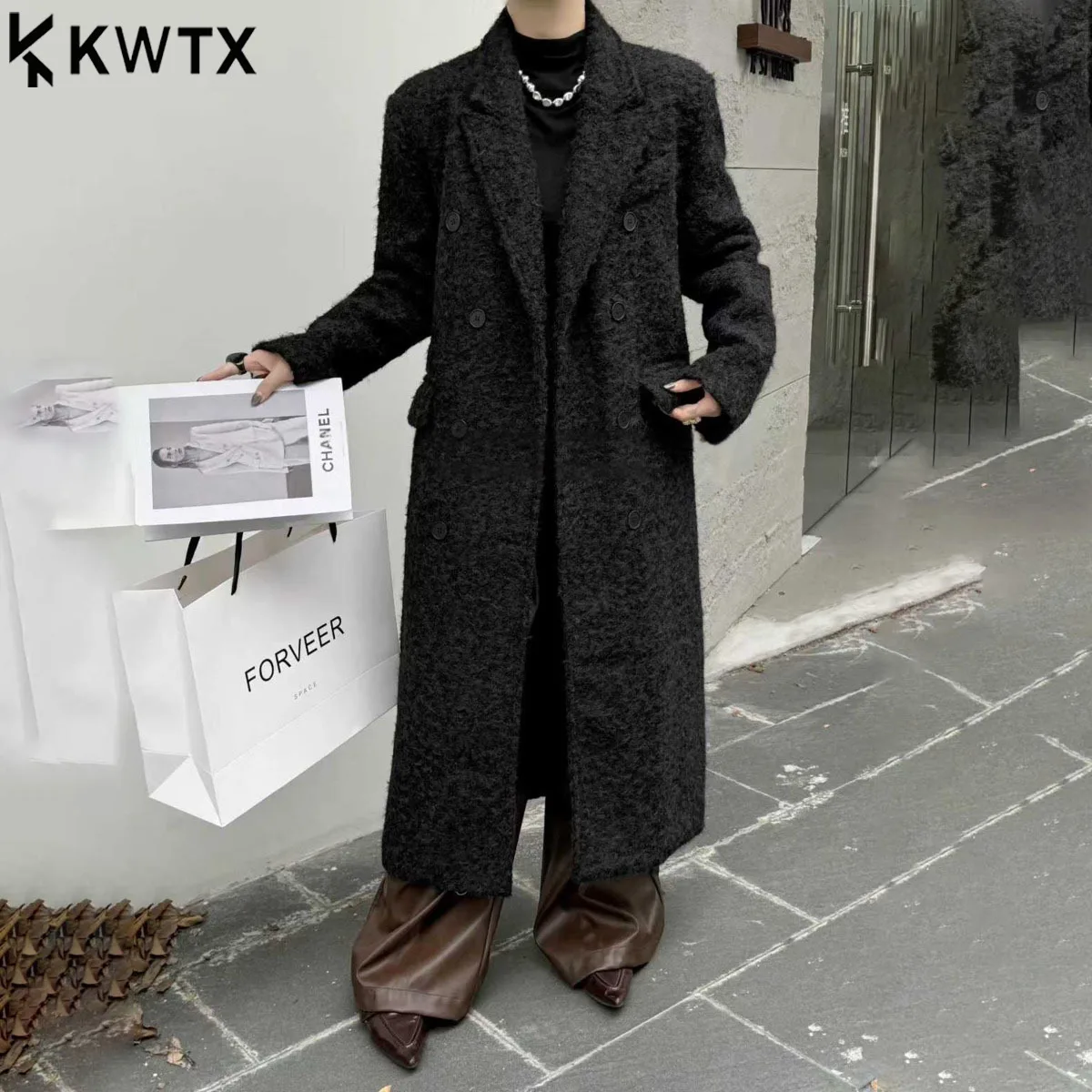 

KWTX Women’s Winter Long Coat 100% Lambswool Design Double Breasted Lapel Vintage Elegant Casual Solid Cozy Premium Outerwears