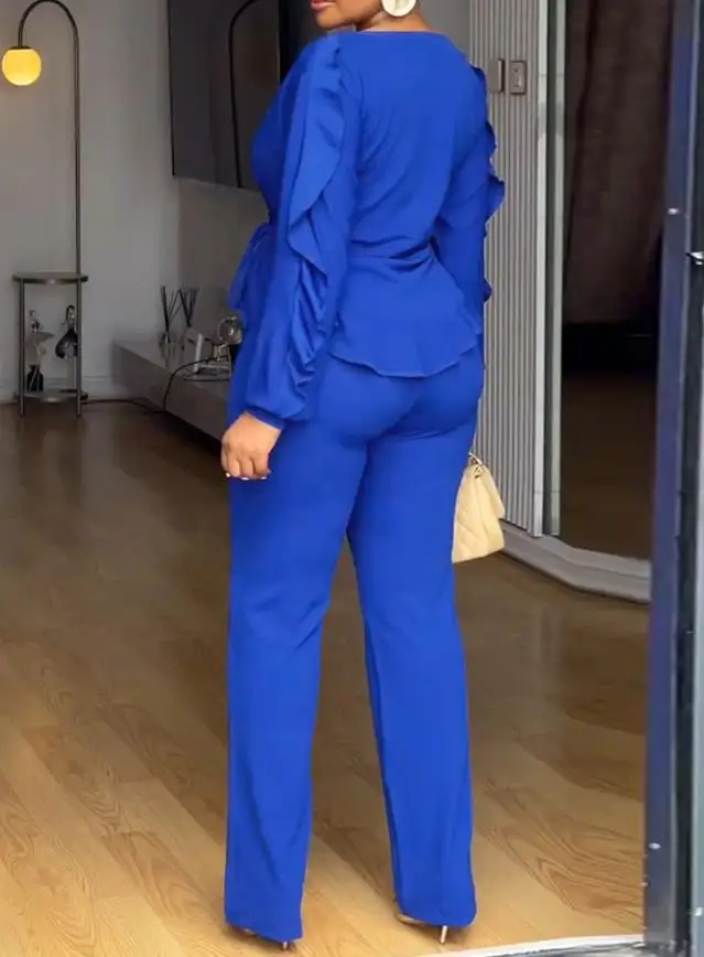 

2 Pieces Fashion Women's Pants Set Summer Outfit Round Neck Long Sleeve Ruffles Drawstring Top and Casual Slim Fit Pants Set