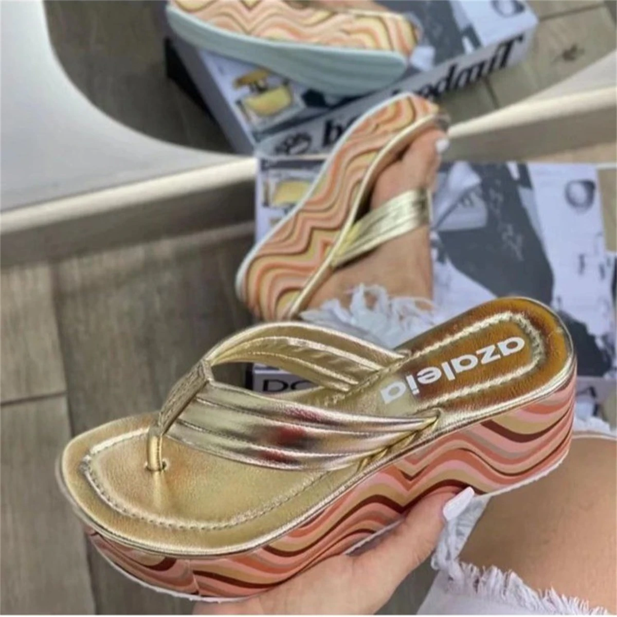 Slippers Women Summer Rainbow Thick Soled Sandals Women Colorful High Heels Outside Casual Beach Flip Flops Large Size Slippers