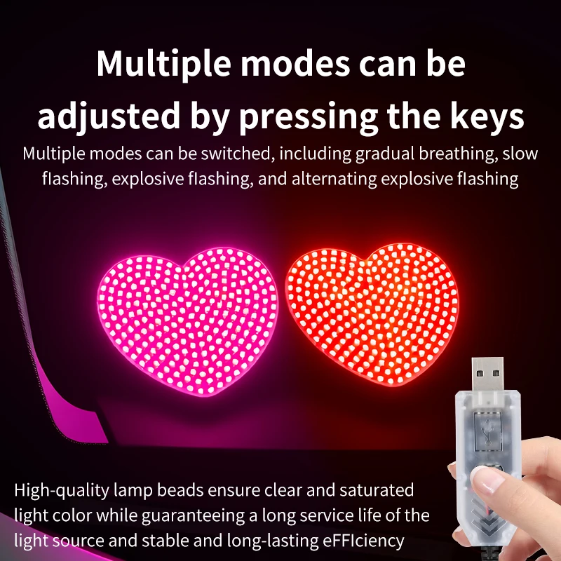 1 Set USB Car Heartbreak Decoration Lights Glowing Heart-Shaped LED Ambient Light for Auto Front Rear Windows Heid Accessories