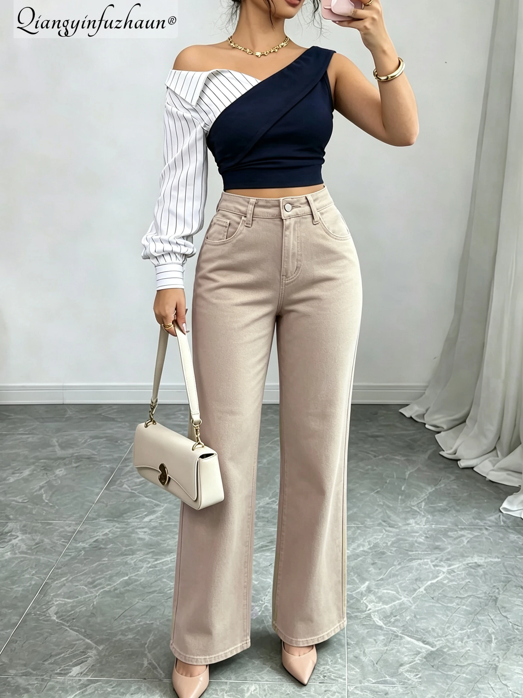 Khaki Washed Soft Denim High-Waisted Straight-Leg Loose-Fitting Slimming Casual Pants, New Style, Versatile and Easy to Wear.