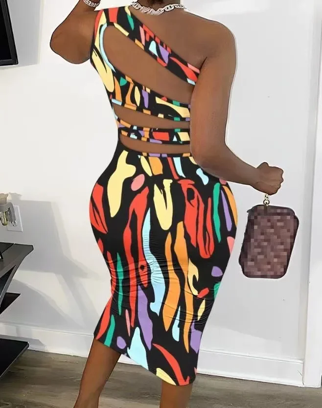 

Elegant Women's Dress Asymmetrical Sexy Slim Printing Hollowed Out Backless Hip Wrap 2024 New Fashion Slanted Shoulder