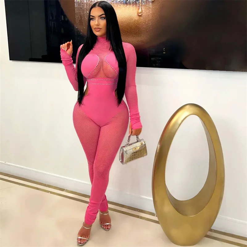 Sexy See Through Patchwork Mesh Jumpsuit Women Long Sleeve Hollow Out Skinny Night Club Outfits One Pieces Rompers Overalls Body