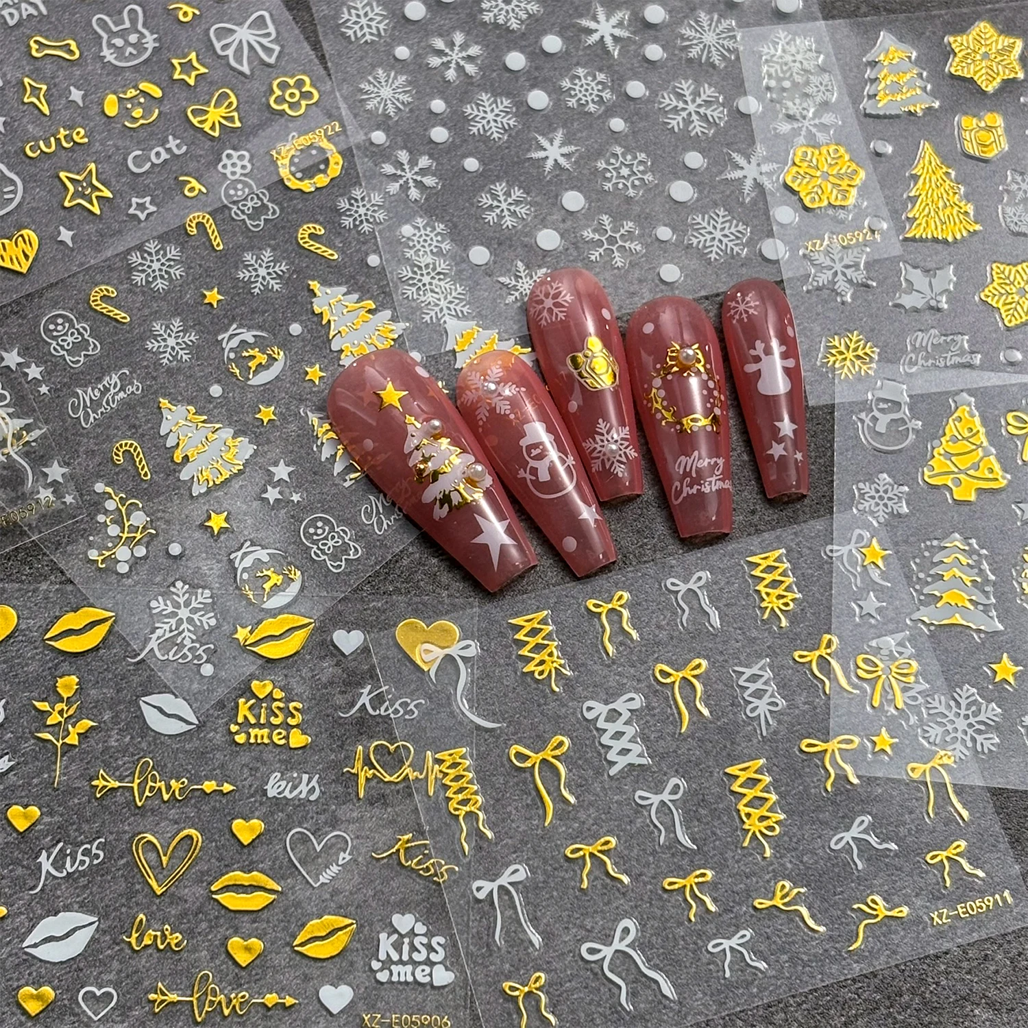 30Pcs 3D Bronzing Christmas Nail Stickers Gold Bow Heart Star Snowflake Xmas Tree Cat Pattern Embossed Nail Decals Nail Sliders
