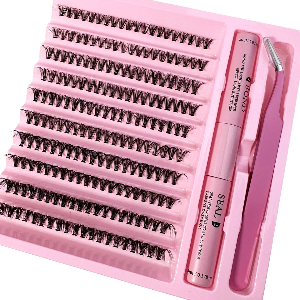 Kit de pestañas por racimos DIY 8-16mm con pegamento y sellador, pinzas para autoadhesión, extensiones de pestañas individuales 2
