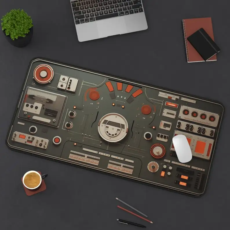 لوحة تحكم سفينة الفضاء الرجعية Deskmat XXL Mousepad، وسادات ماوس ألعاب الخيال العلمي غير قابلة للانزلاق، ديكور سطح المكتب باللون البرتقالي والرمادي العتيق