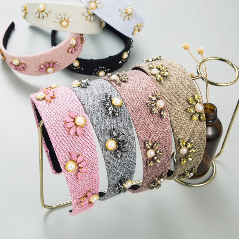 

Natural Linen Texture Headband Vintage Crystal Half Flower Hairband Mild Gloss Pearl Accent Hair Hoop Country Style Daily Headwe