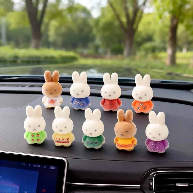 Kawaii Flocking Miffy Rabbit Statue Cute Cartoon Desk Decor Figurine Desktop Ornament Home Car Shelf Decoration Collectible Gift view 2