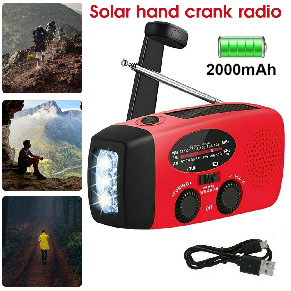 

Multifunctional Radio Solar Hand Crank Dynamo Powered AM FM WB Weather Radio Portable Emergency Flashlight 600mAh Power Bank