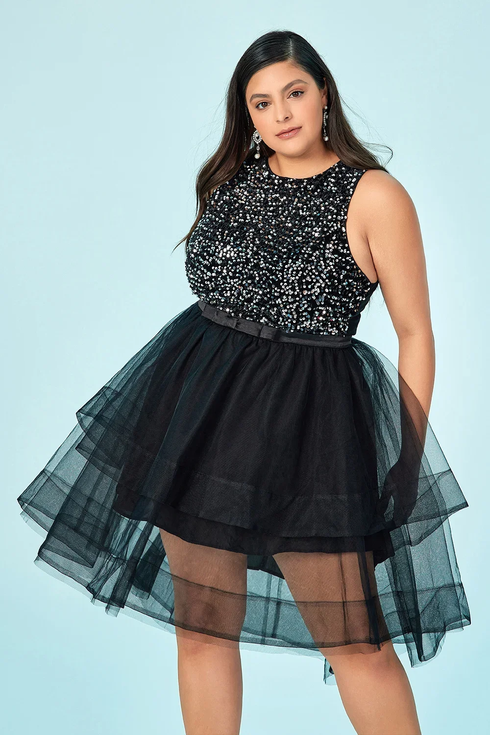 Party Club Plus Size Dress for Women Sequin Ruffle Mesh Asymmetrical Patchwork Backless Wedding Guest Cocktail Mini Dress