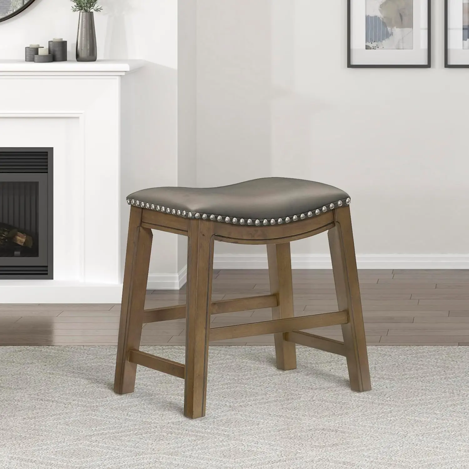 Solid Wood Dining Stools, Saddle Seat, Gray, 19" Height, Versatile Kitchen Seating for Casual Entertaining