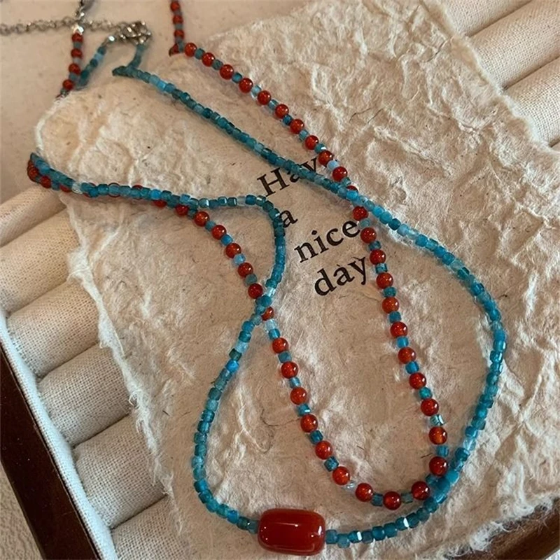 Retro Red Blue Contrast Colorful Natural Stone Cubes Beaded Necklace for Women Wholesale Beads Strand Chokers Aesthetic Jewelry