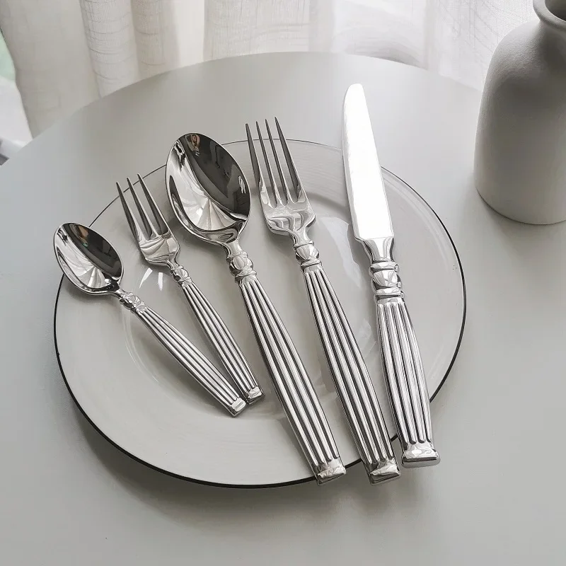 5pcs Luxury Dinnerware Set Cutlery 304 Stainless Steel Tableware Knives Forks Dining Dinner Roman Columns Handle Dishwasher Safe