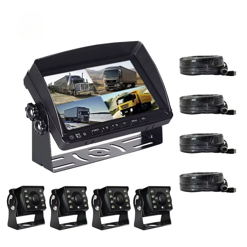 7'' RV Camera System For RV Semi-Truck Trailer Camper, 4 Split Screen Quad View HD DVR Recording Monitor