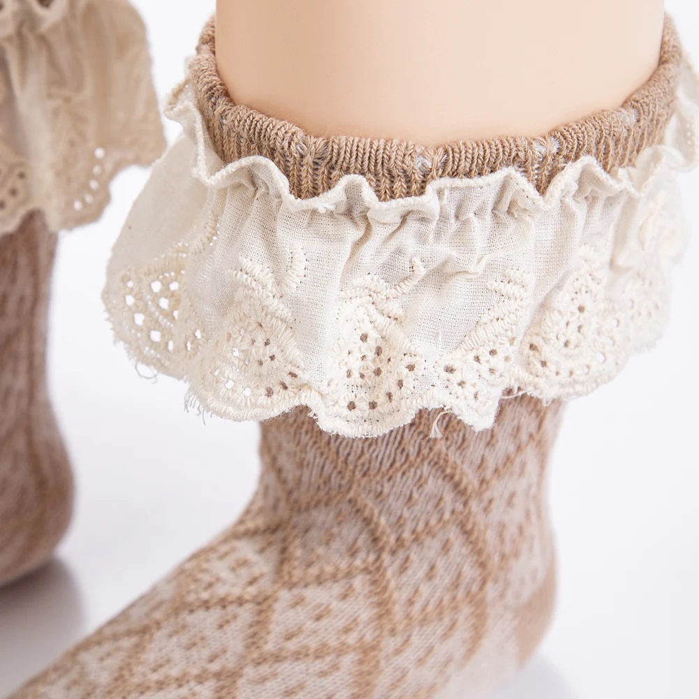 3Pcs/Set Vintage Lace Socks for Baby Girls Thick Knee Cotton Long 0-12M Socks Muslin Cotton Bow Headbands Ealstic Hairbands
