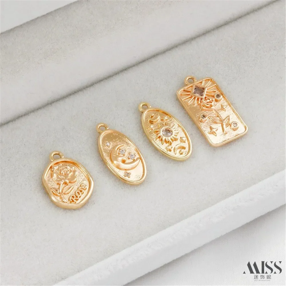 

14K Gold-wrapped Rose Inlaid Zircon Star Moon Sun Oval Tag Pendant DIY Bracelet Necklace Pendant Accessories