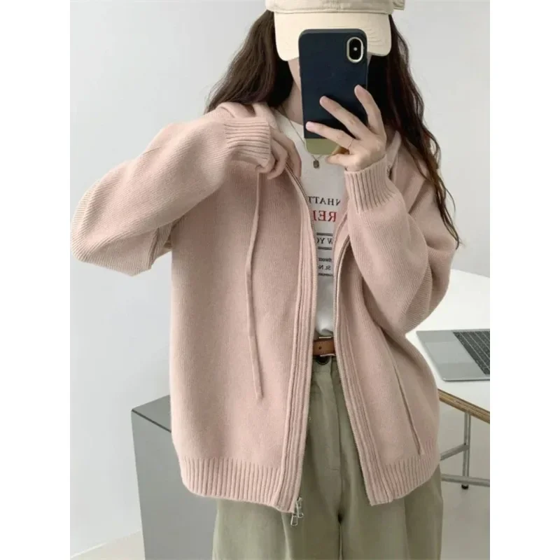 

Korean Fashion Autumn/Winter New Knit Hooded Knitted Cardigan Loose Casual Coat Solid Oversized Sweater Long Sleeved Tops N329