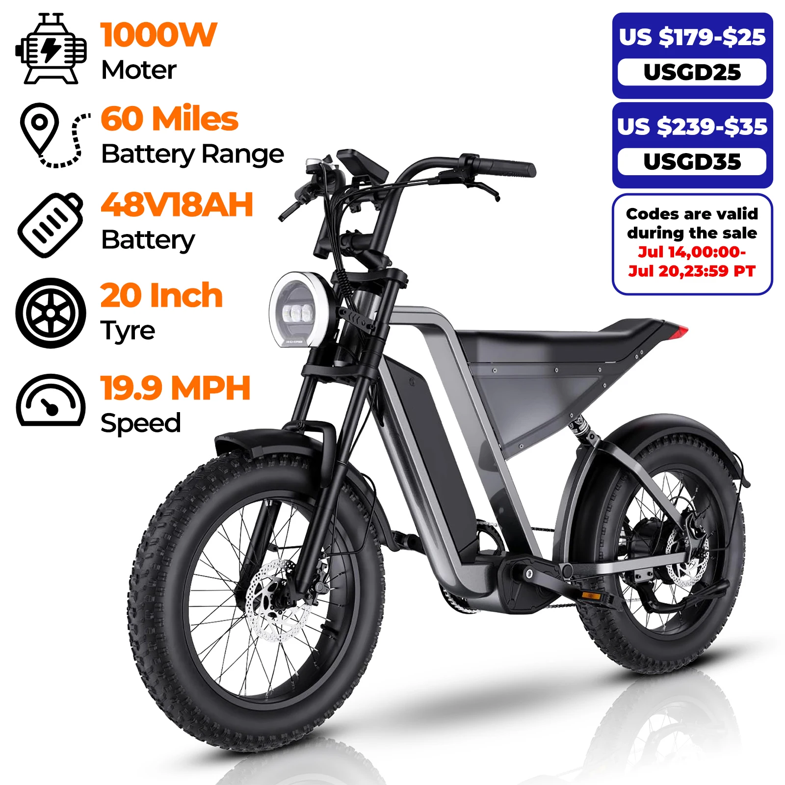 

Adult electric bicycle, 48V1000W motor 20MPHrange60 miles 20 inch thick tires hydraulic brakes suitable multi terrain riding by