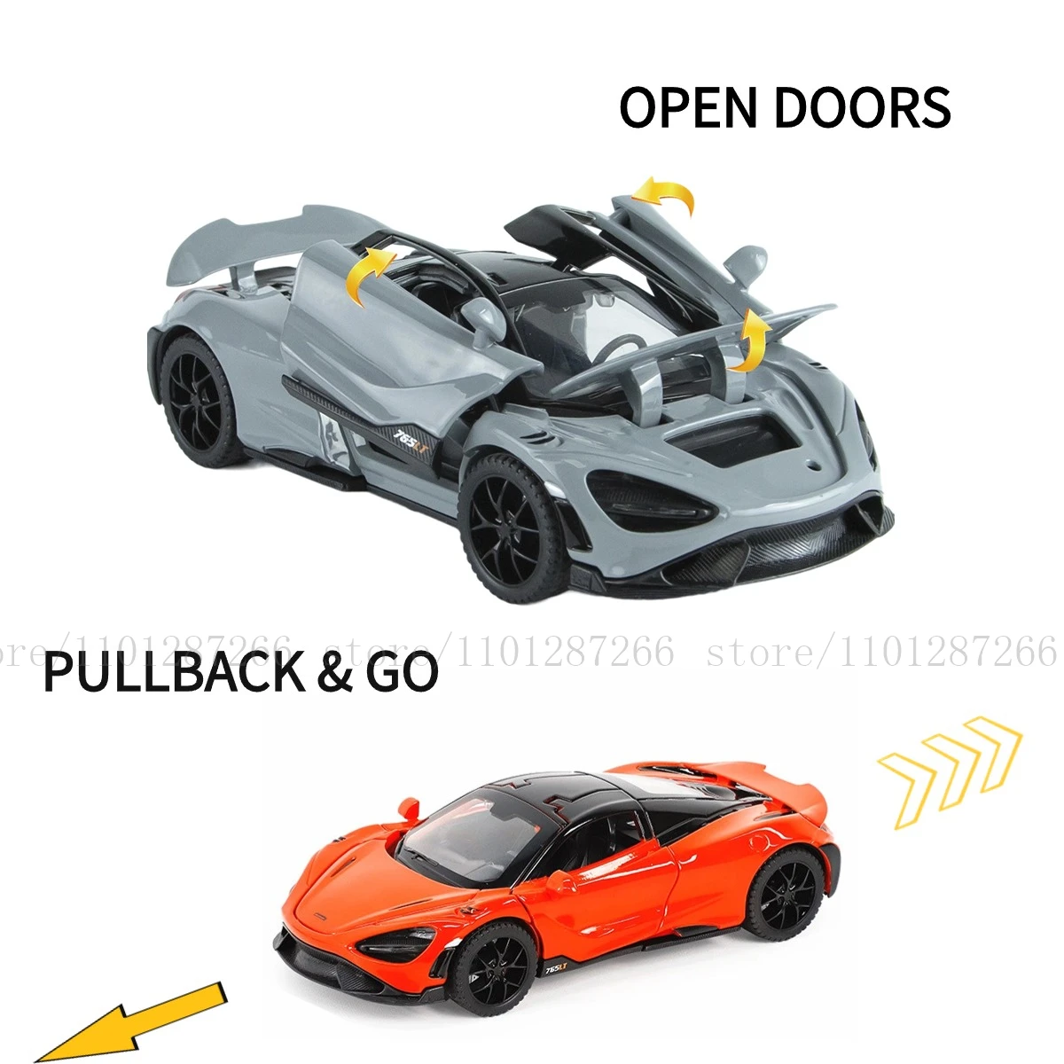 1:32 Mclaren 765LT Pullback Car with Lights Engine Sound, Porsche Lamborghini Diecast Car Model Scale Replica Gift Kid Boy Toy