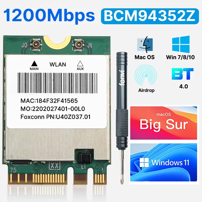 

fenvi 1200Mbps BCM94352Z WiFi Network Card Bluetooth 4.0 Dual Band 5G/2.4Ghz BCM94352 DW1560 NGFF M.2 Adapter for Hackintosh mac