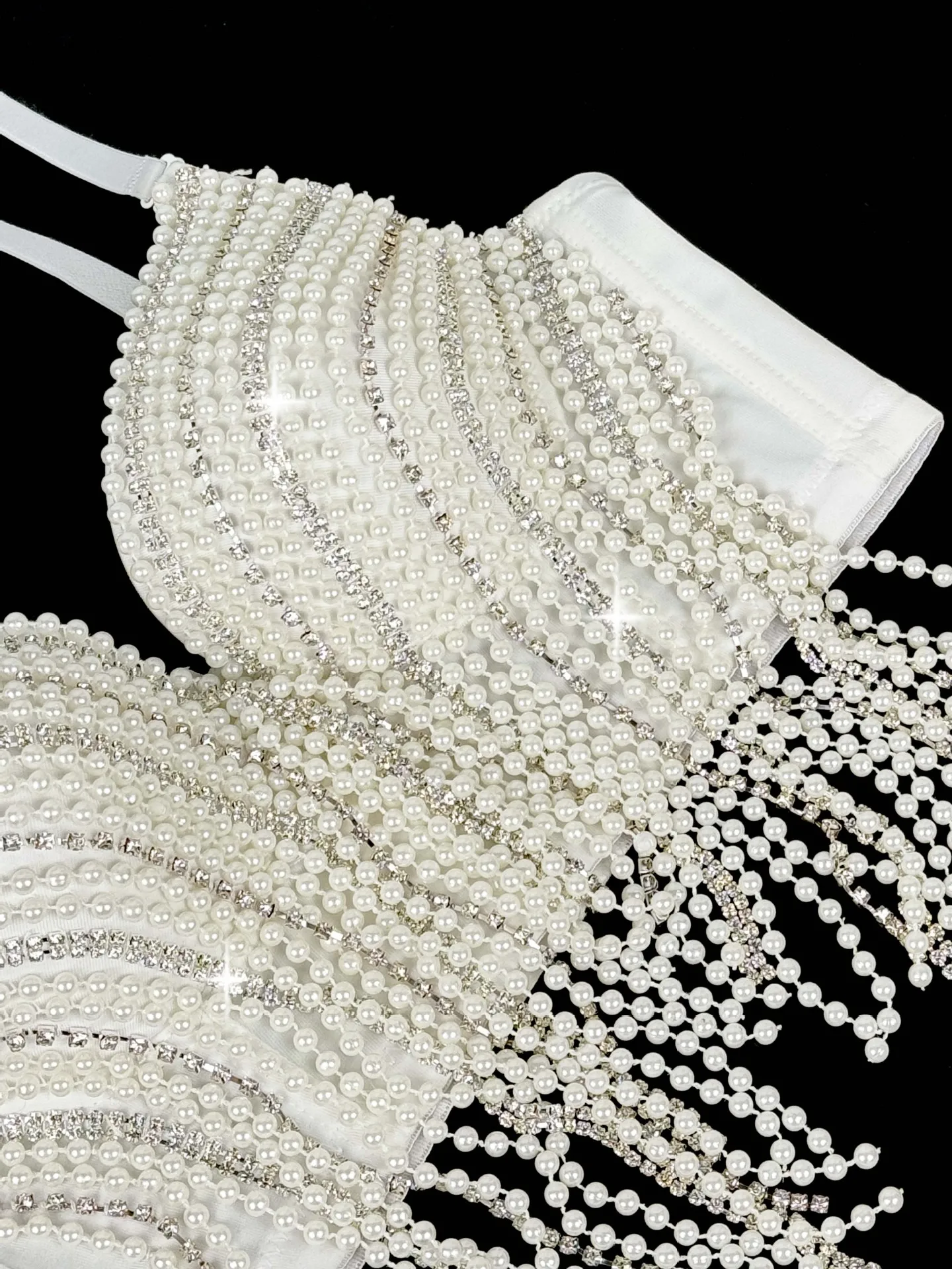 Women's Pearl Beaded Tassel Crop Top Sparkly Rhinestone Spaghetti Strap Corset Bustier Backless Party Club Cami Top
