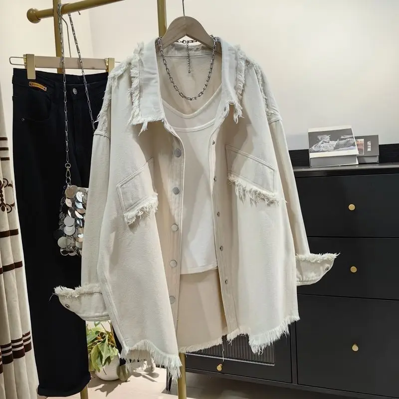 Frayed Denim Jacket Korean Loose Spring Autumn Long Sleeve Women's Coat