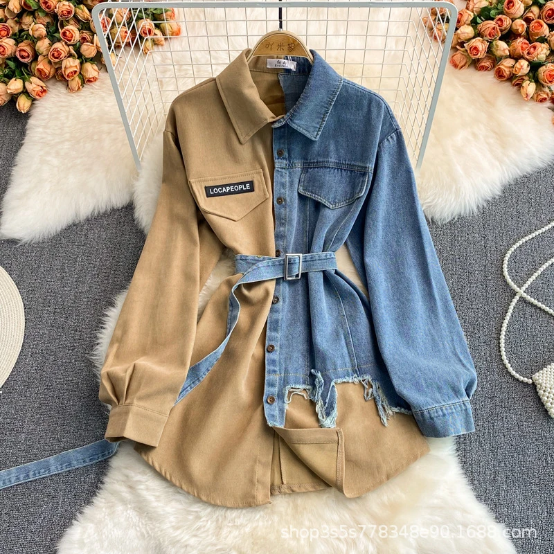 

Denim Patchwork Collared Dress Spring Autumn Fashionable Irregular Mid Length Shirt Waist Cinching Slimming New Style