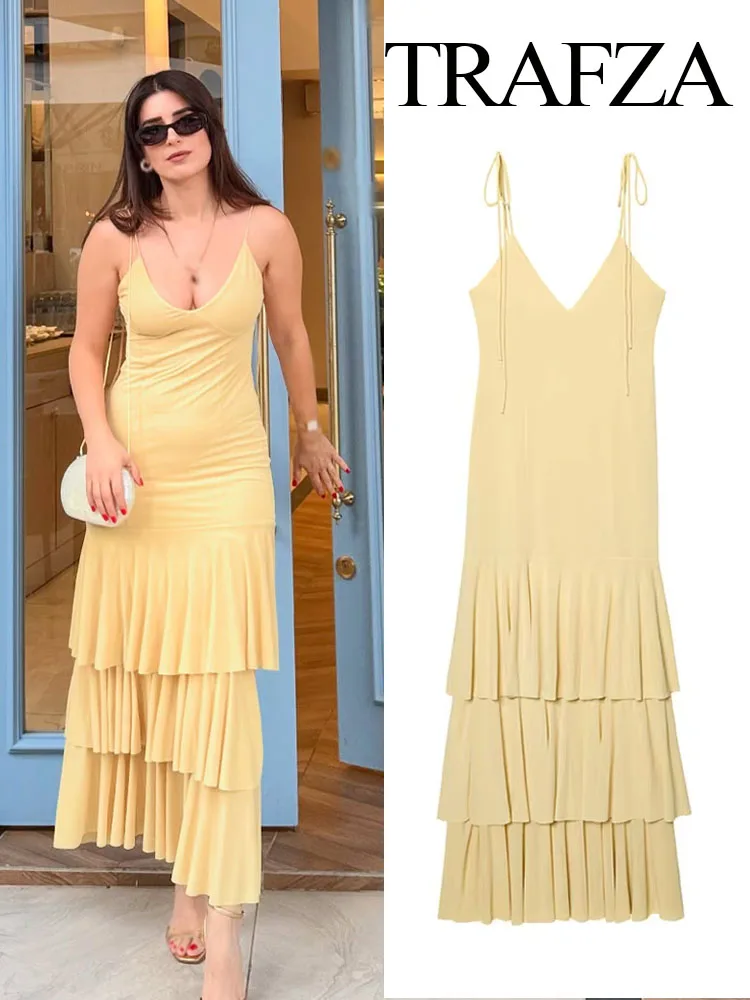 

TRAFZA Woman's Summer Fashion Long Dress Solid V-Neck Sleeveless Backless Lace-Up Decoration Female Beach Style Slim Dresses
