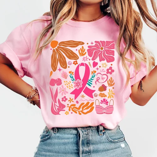 Imagen 2 del producto Camiseta con estampado de lucha y concientización sobre el cáncer de mama en octubre, ropa estética con cinta de concientización rosa, camisetas rosas y blancas