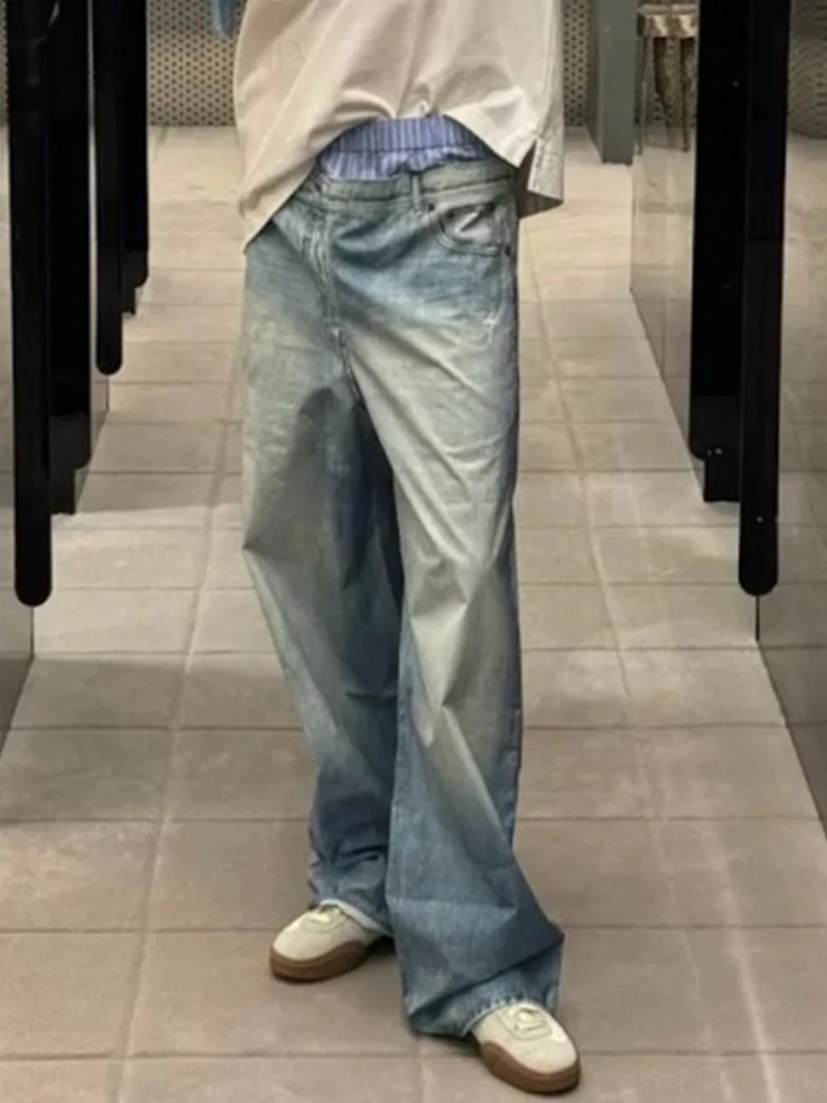 MIJKO Pantalones vaqueros con estampado 3D de doble cintura y empalme, pantalones blancos desgastados lavados con pierna recta para hombres y mujeres