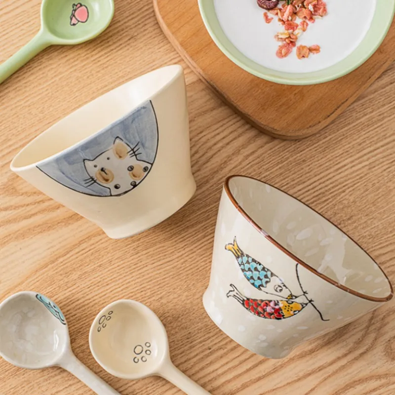 Japanese 350ml Cartoon Cat Ceramic Instant Rice Noodle Bowl hand-painted Soup Salad Bowl Dumpling Dinnerware Kitchen Tableware