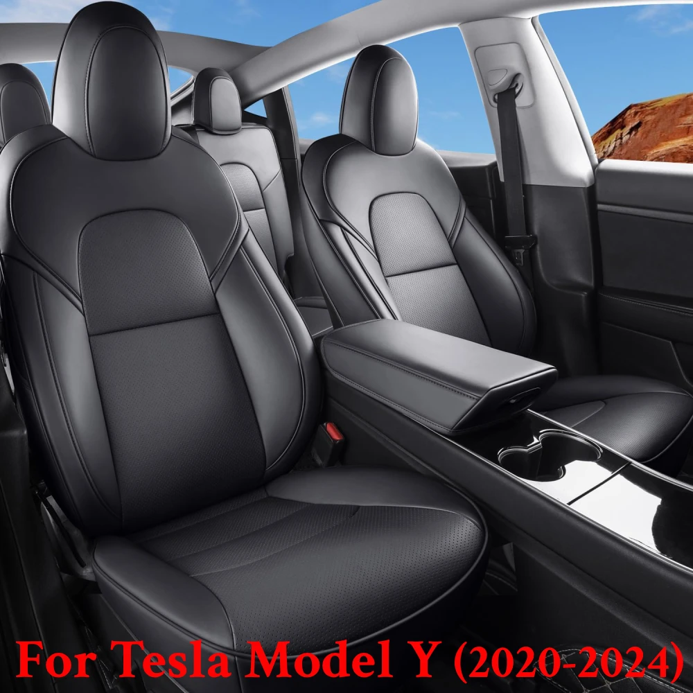 

For Tesla Model Y Car Seat Covers Nappa Leather Car Interior Seat Airbag Compatible Cushion Cover Full Set Custom Fit 2020-2024