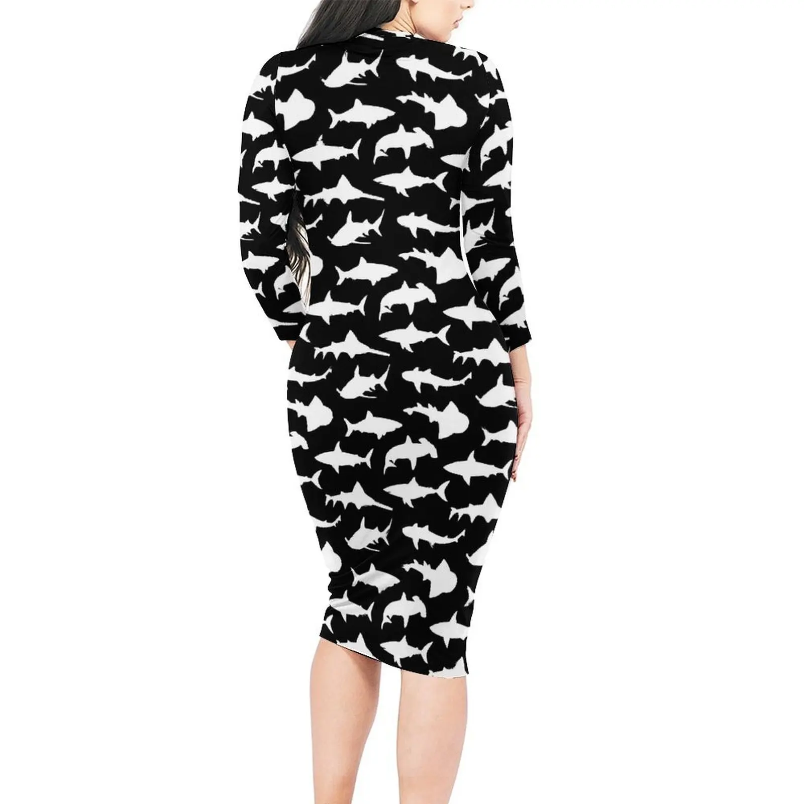 White Sharks Bodycon Dress Womens Animal Print Vintage Dresses Holiday Long Sleeve Aesthetic Graphic Dress Big Size 4XL 5XL