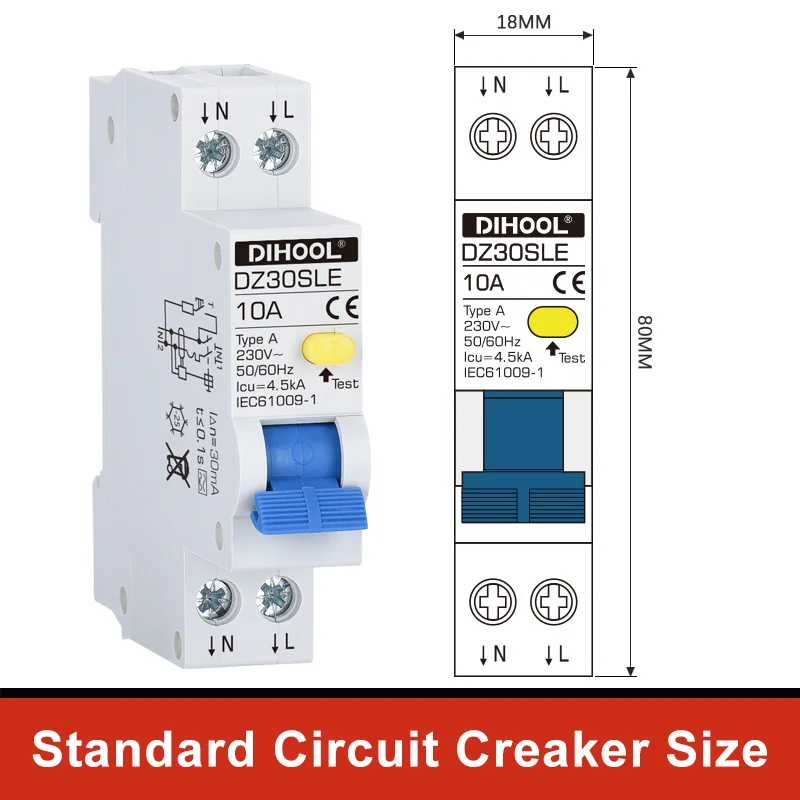 DIHOOL RCBO DZ30SLE 1P+N Type A C Curve 10A-40A AC 230V 30mA Residual Current Device Circuit Breaker Overload/Leakage Protection