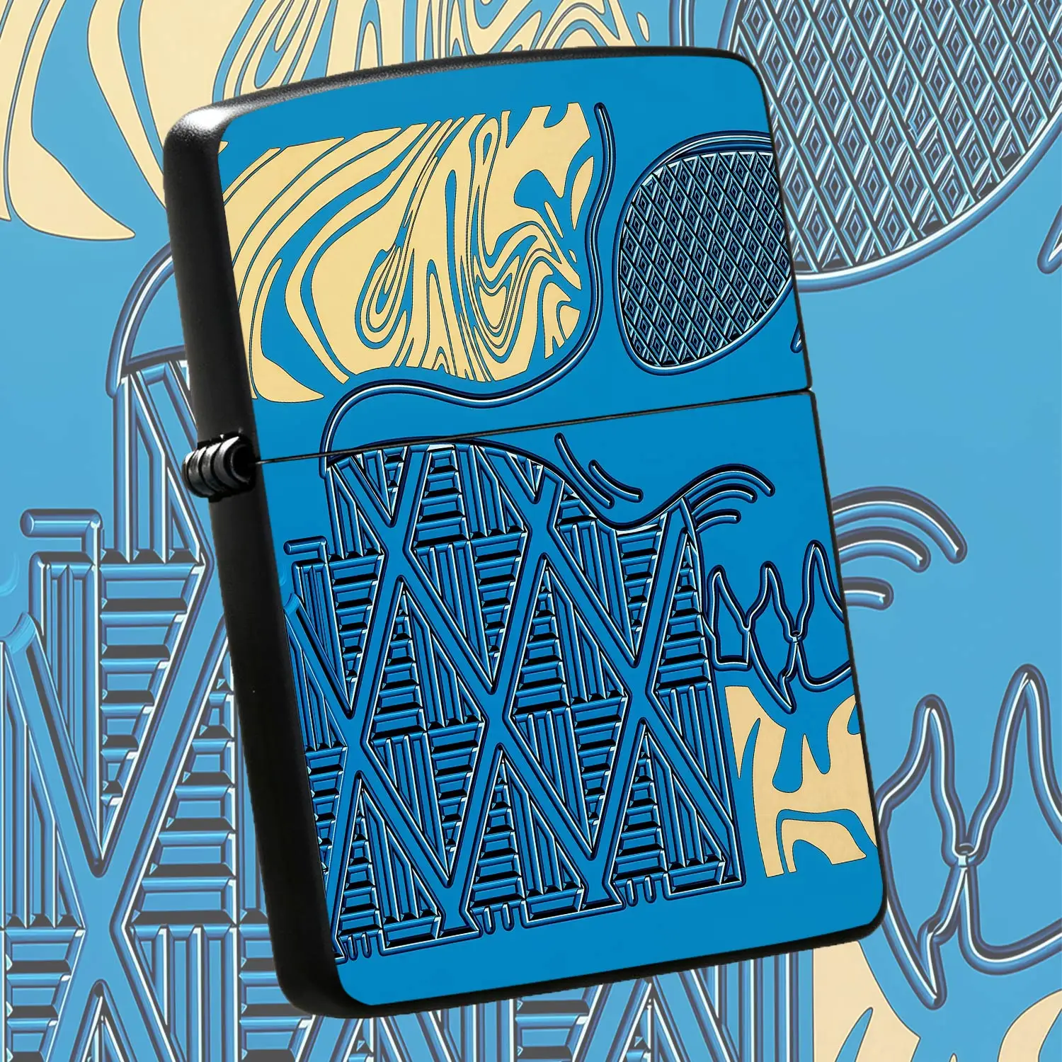 Creative Blue Gold Embossed Art Lighter Retro Fluid Pattern Exquisite Lattice Texture Decoration Personalized Architectural Style PORTABLE Ignition TOOL Suitable For Home Outdoor Travel And Other Scenarios Both Gifting A Humorous And Intere