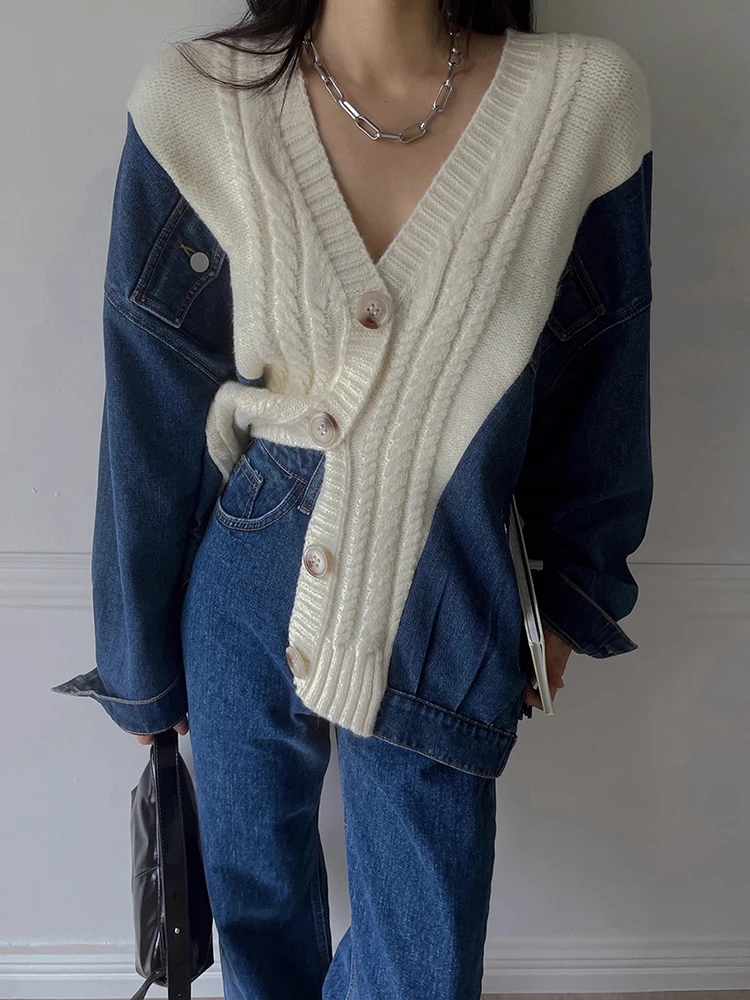 

Шикарный винтажный дизайн V-Ne Color Blo Denim Long Sve вязаный свитер пальто для женщин осеннее свободное пальто на пуговицах...