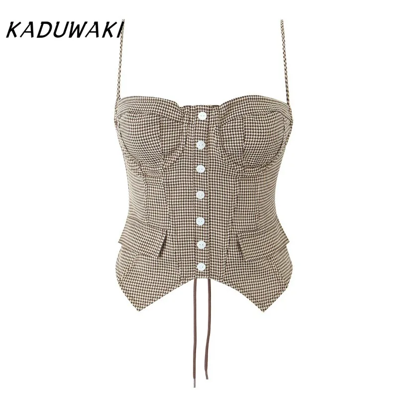 KADUWAKI Retro Women Fashion with Flap Strapless Bustier Top Vintage Backless Button-up Female Y2K Crop Tank Tops Mujer 민소매 티 여성