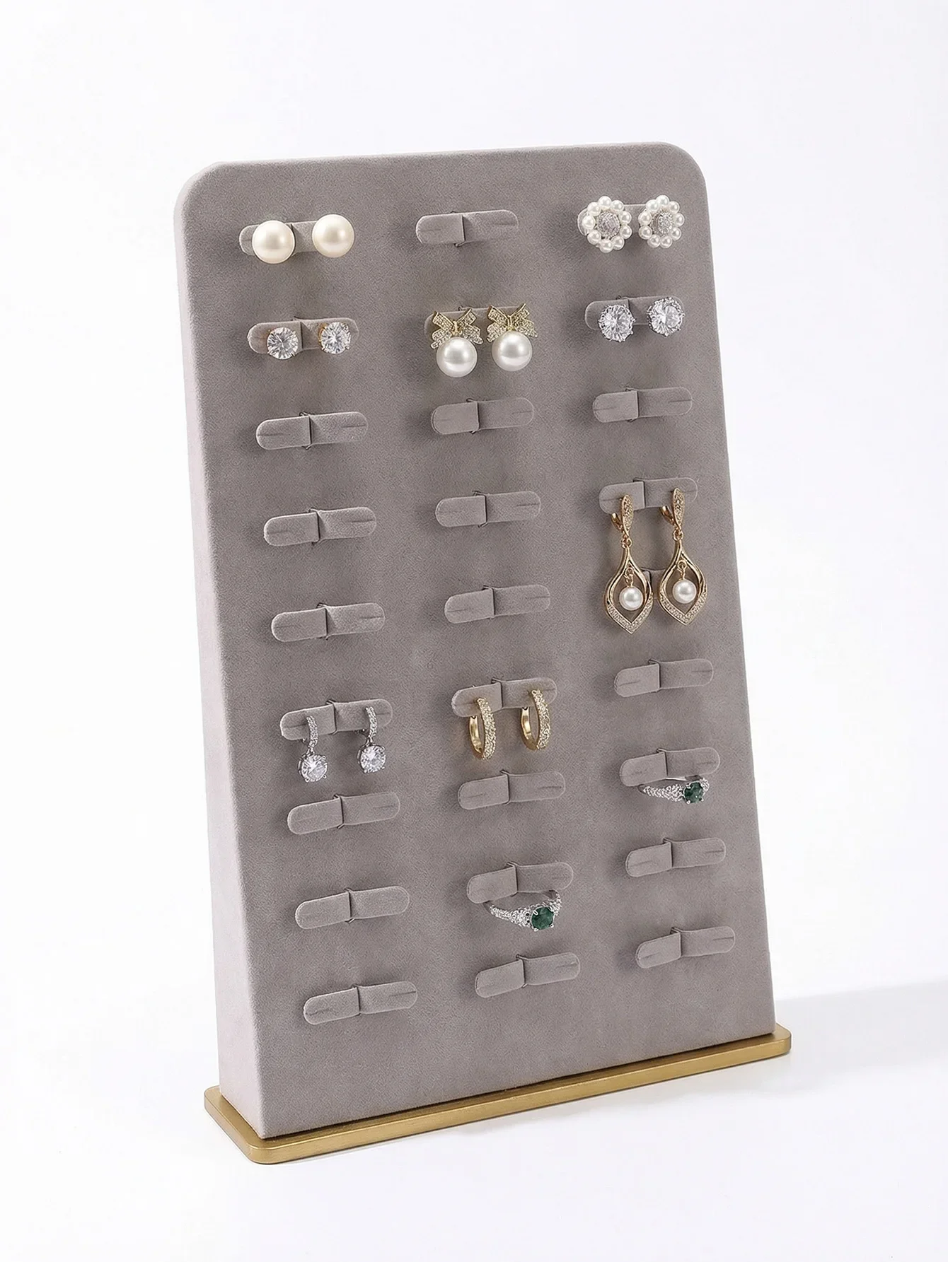 Velvet Earring Display Stand with Gold Metal Base, High Capacity Jewelry Organizer for Studs Dangle Earrings & Small Accessories