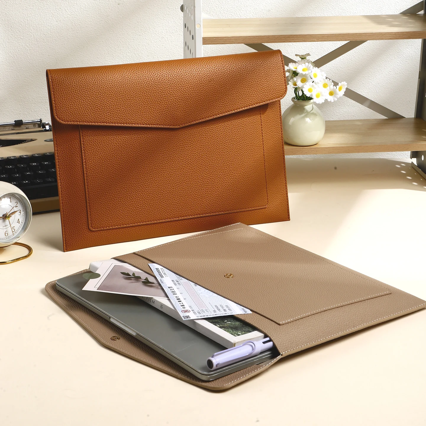 Waterproof Heavy PU File Folder, Magnetic Buckle A4 Envelope Bag, Portable 14 Inch Laptop Tablet Storage Pouch