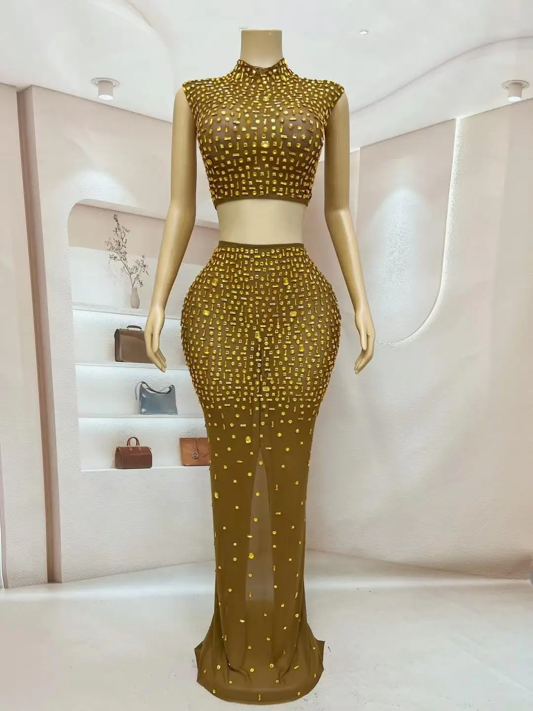 Jinbei-vestido transparente de 2 piezas con diamantes de imitación dorados, conjunto de traje de cantante, falda superior, falda negra, noche, fiesta de graduación, colección