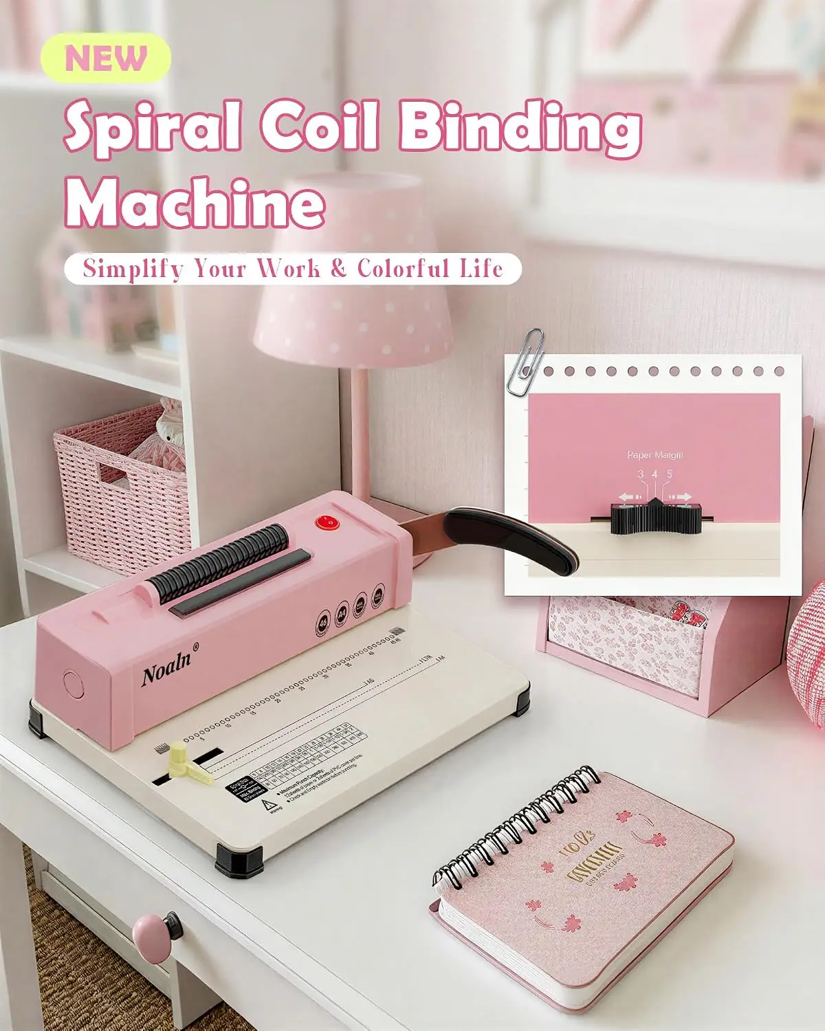 46-Hole Spiral Coil Binding Machine, Classic Pink DIY Binder Kit with Electric Coil Inserter, 100-Piece Spines, Letter/A4/A5