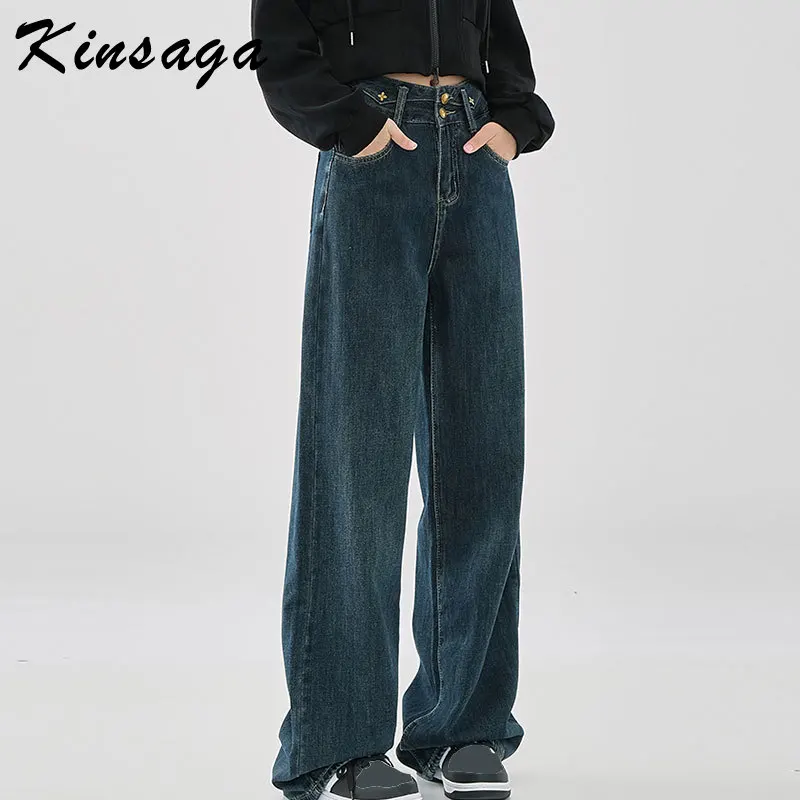 Kinsaga Dark Blue High Waist Straight Mopping Pants Women Korean Loose Double Breasted Wide Leg Jeans Vintage Tall Girl Pants