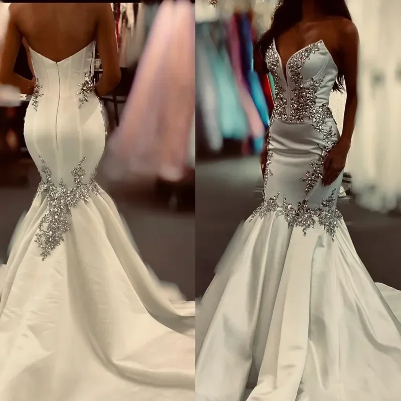 

Elegant and Sparkling Mermaid Crystal Beaded Women's Wedding Dress New Sexy V-neck Off the Shoulder Ball Bridal Dress Customized