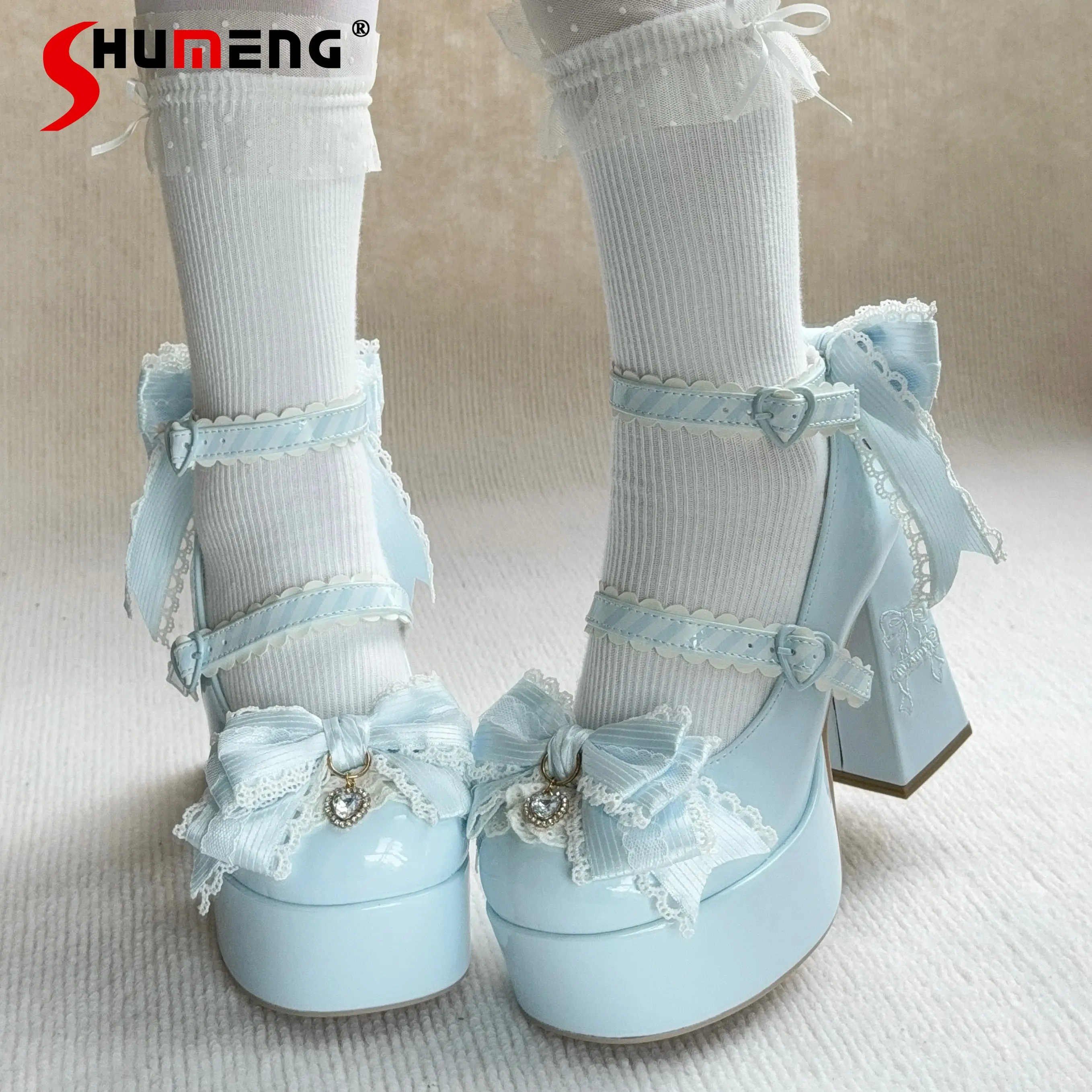 

Original Japanese Style Sweet Cute Princess Elegant Versatile Lolita Shoes Lace Bow Pink Pu Super High Heels Pumps for Women