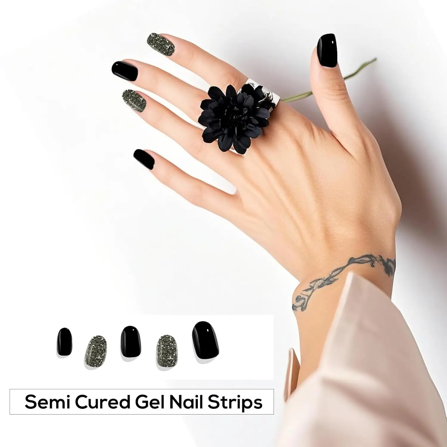Semi Cured Gel Nail Strips 20PCS, UV/LED Required, Long Lasting DIY Manicure Kit, Salon Quality, Trendy Black Designs