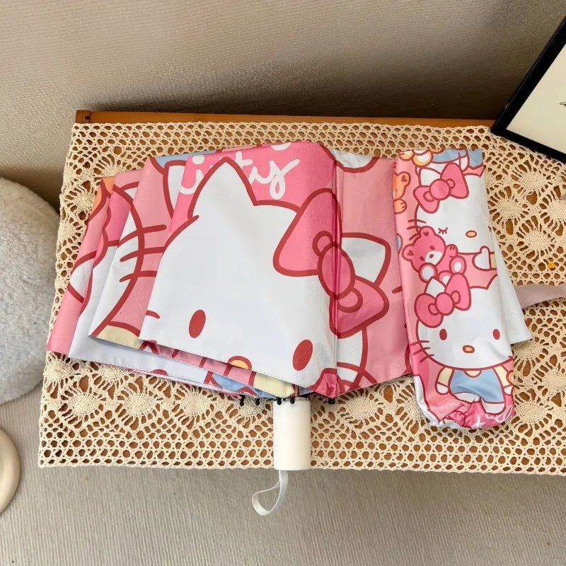 Paraguas de Anime Sanrio Hello Kitty con Revestimiento Negro, Protección UV, Paraguas de Doble Uso para Mujer, Bonito y Plegable, Solar