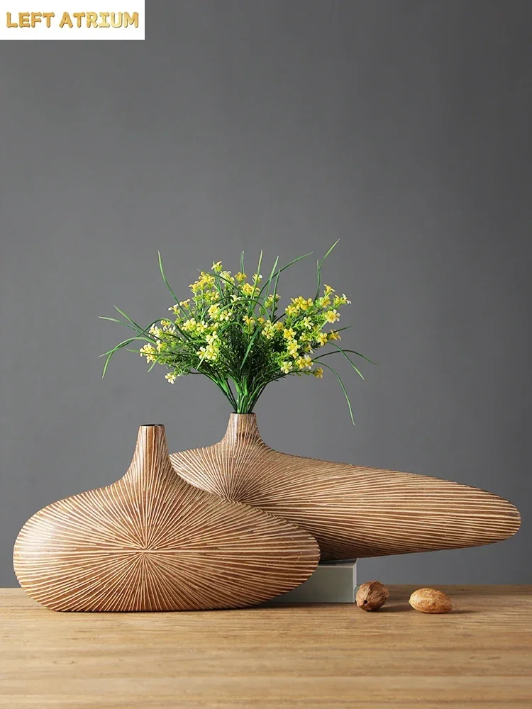 

Modern Line Stripe Resin Vase Flower Arrangement Dried Flower Imitation Wood Vase Bookcase Desktop Decoration Crafts Furnishings