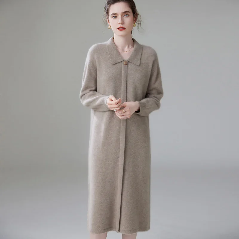 Nuovo abito lungo in cashmere da donna, lussuoso, abbottonato, caldo, stile coreano, ampio, morbido, elegante, colletto polo, autunno/inverno 2024