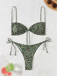 Strój kąpielowy damski Bikini 2024 New Green Leopard Ruffle Sling Bikini Set Sexy Lace Up Swimwear Summer Beachwear Strój kąpielowy damski